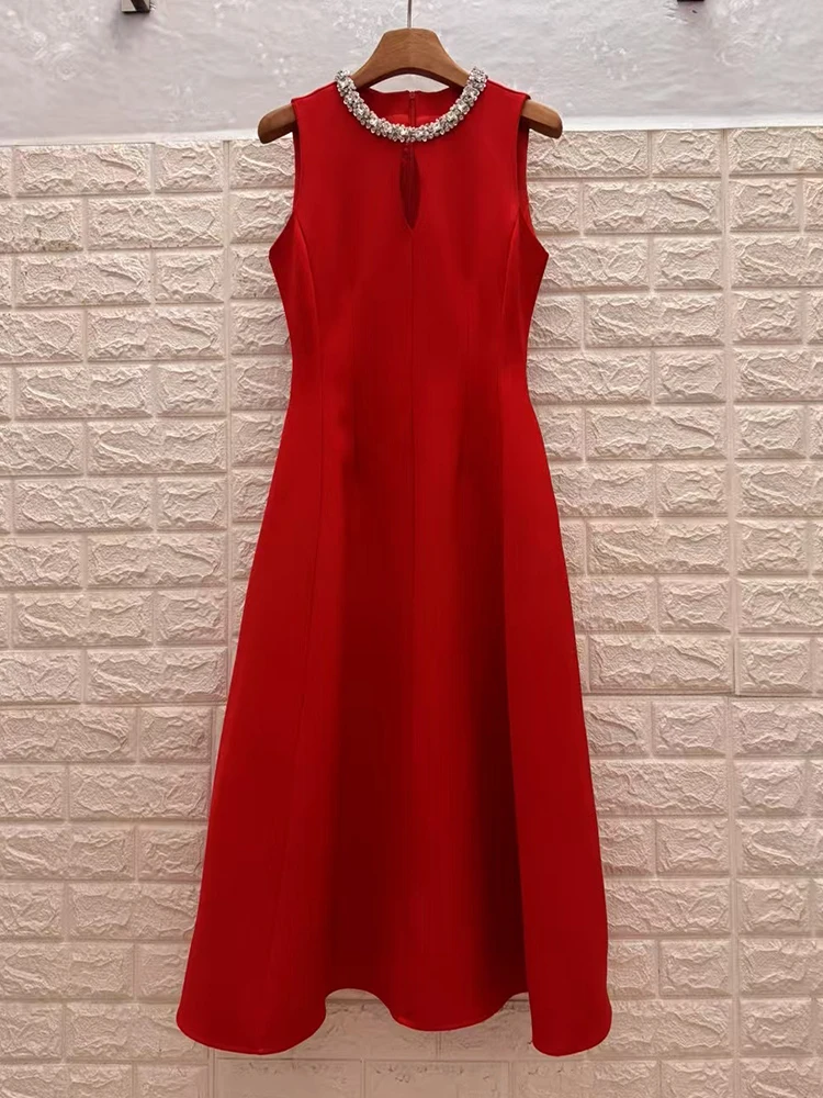 

Heavy industry round neck studded hollow waist slim sleeveless dress summer women's new fashion dinner holiday long dress