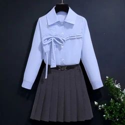 Autumn School Uniform Girls Outfits Suit Blue Shirt & Skirt 2PCS Teens Kids Set Back to School Baby Costumes 5 7 8 9 12 13 Years