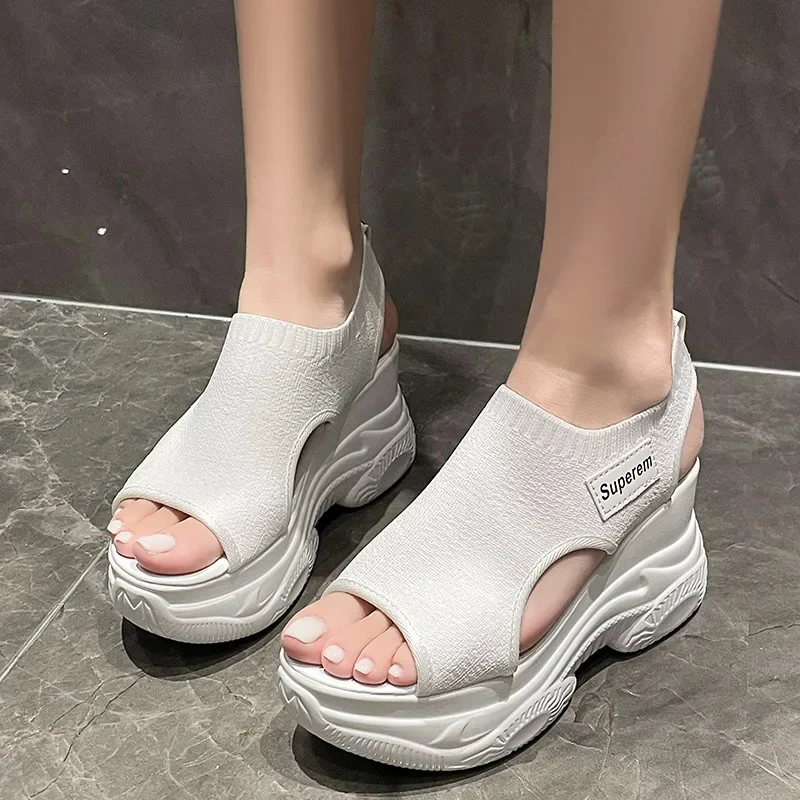 Women\'s Sandals 2024 Summer Wedge Heel Elastic Cloth Cover Foot Ladies Sandals Thick-soled Fashion Trifle Elevation Casual Shoes