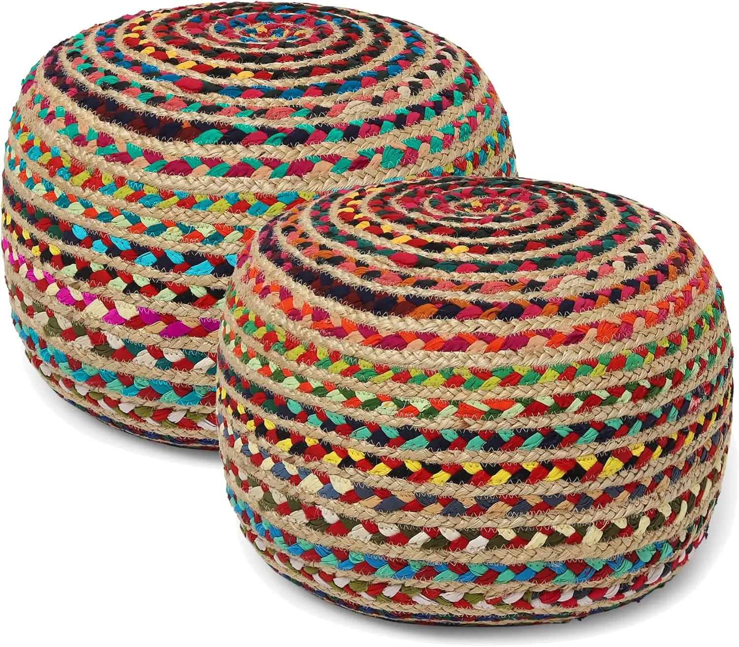 Braided Boho Poof Home Décor Pouffe Accent Sitting Circular Foot Rest for Living Room, Bedroom, Nursery, Lounge; Jute and Cotton