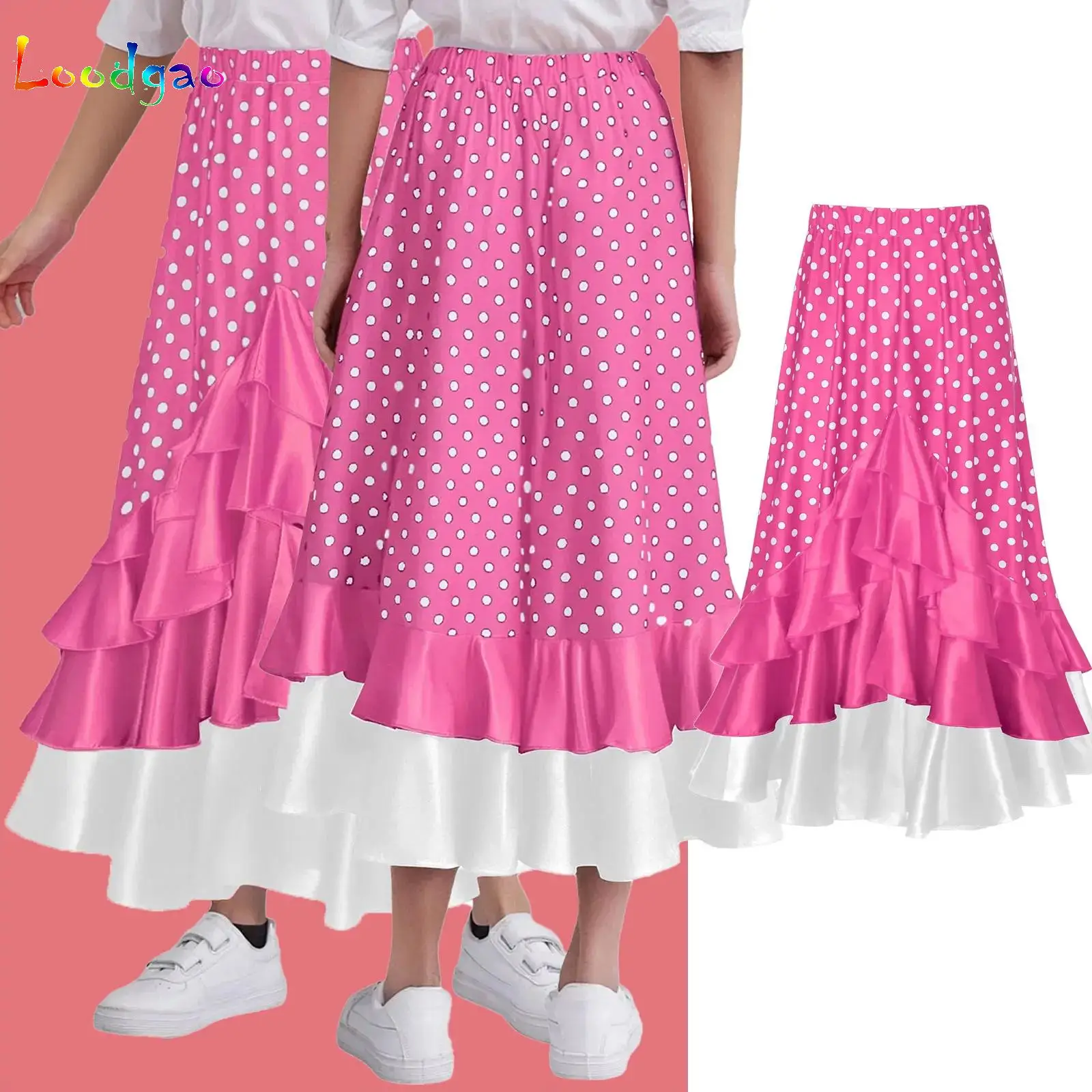 

Kids Girls Spanish Flamenco Polka-Dot Dance Skirt Layered Ruffled Long Skirt for Ballroom Dance Performance Competitions Costume