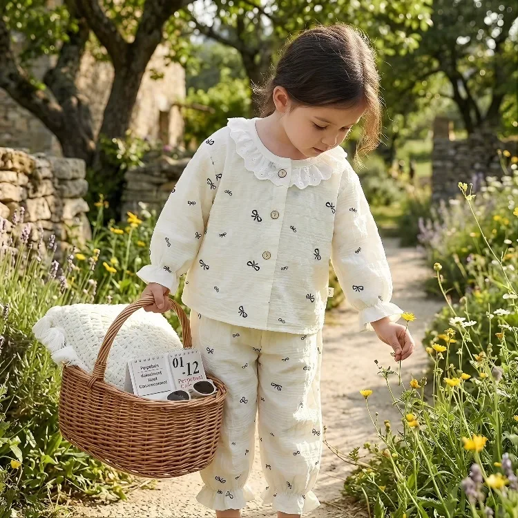 Sommer Frühling Herbst Mädchen Elegante Spitzen-Pyjama-Sets Kinder Atmungsaktive Bequeme Langarm-Hauskleidung Sets Kinder-Schlafanzüge – Detail 27