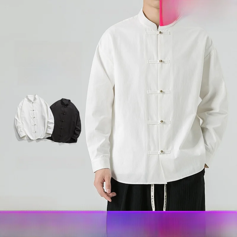 

New Vintage Thin Lapel Copper Button Large Size Loose Jacket Outerwear New Chinese Style Long Sleeve Shirt for Men