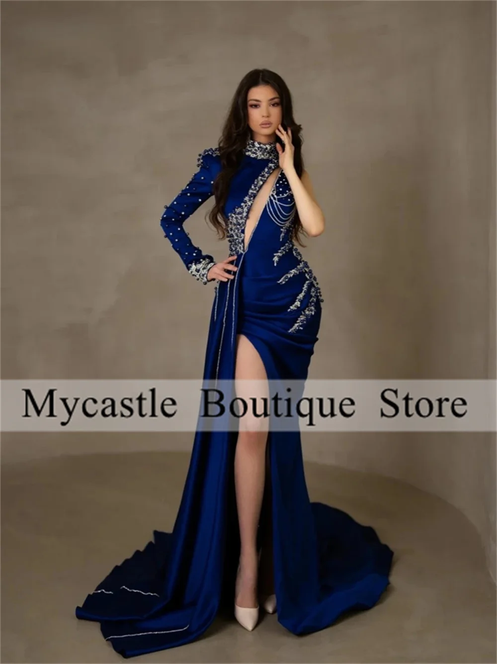 Royal Blue Satin Tassels Prom Dress 2025 One Shoulder Beaded Appliques Side Slit Evening Dresses Formal Party Dress Customized