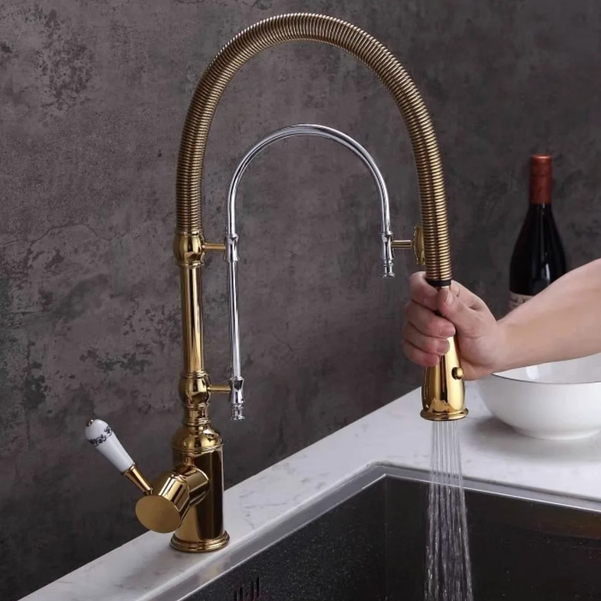 European style multifunctional kitchen hot and cold faucet, gold and copper faucet