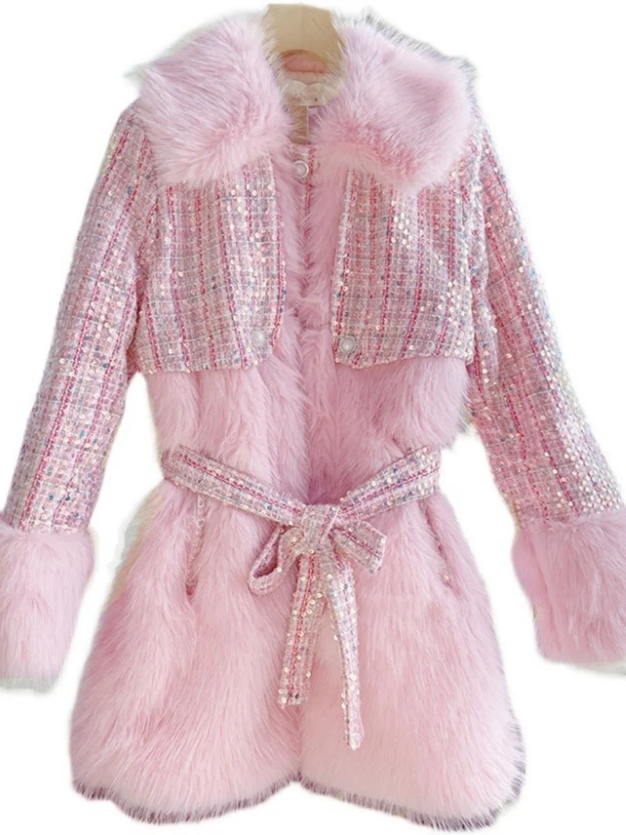 Cintura in vita fresca imitazione pelliccia cappotto di lana donna autunno inverno Socialite di alta qualità con paillettes Tweed giacca pelosa di lusso soprabito