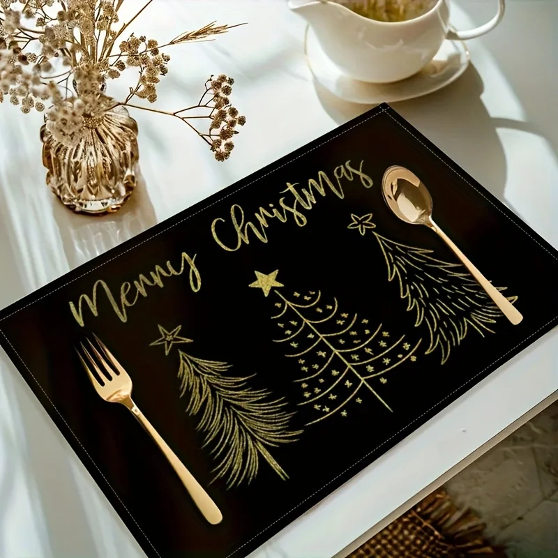 Christmas Tree Print Design Decorative Placemats Golden Holiday Patterns  Rectangular Table Mates for Festive Décor a