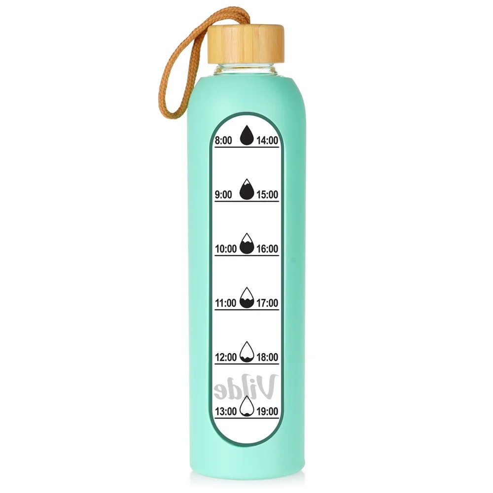 Glazen waterfles met siliconen hoes, mintkleur, 1 liter.