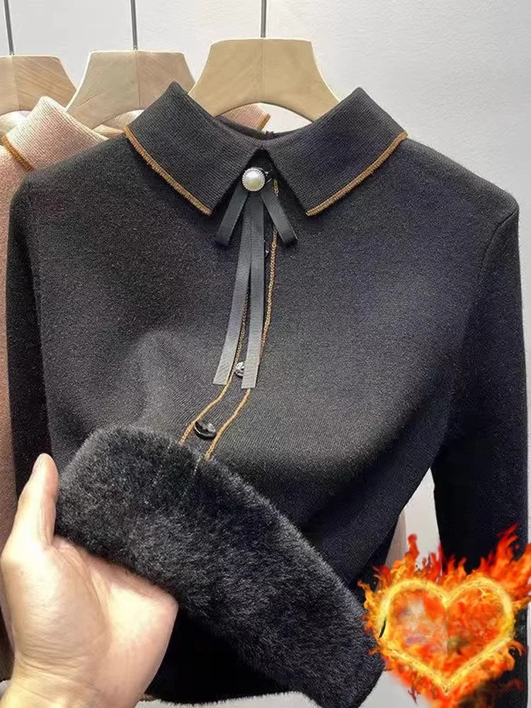 

Women's Fce Lined Thiened Inteated Velvet Sweater Base irt Doll Collar Warm Top Spring Autumn New Sle GOOMLOVE