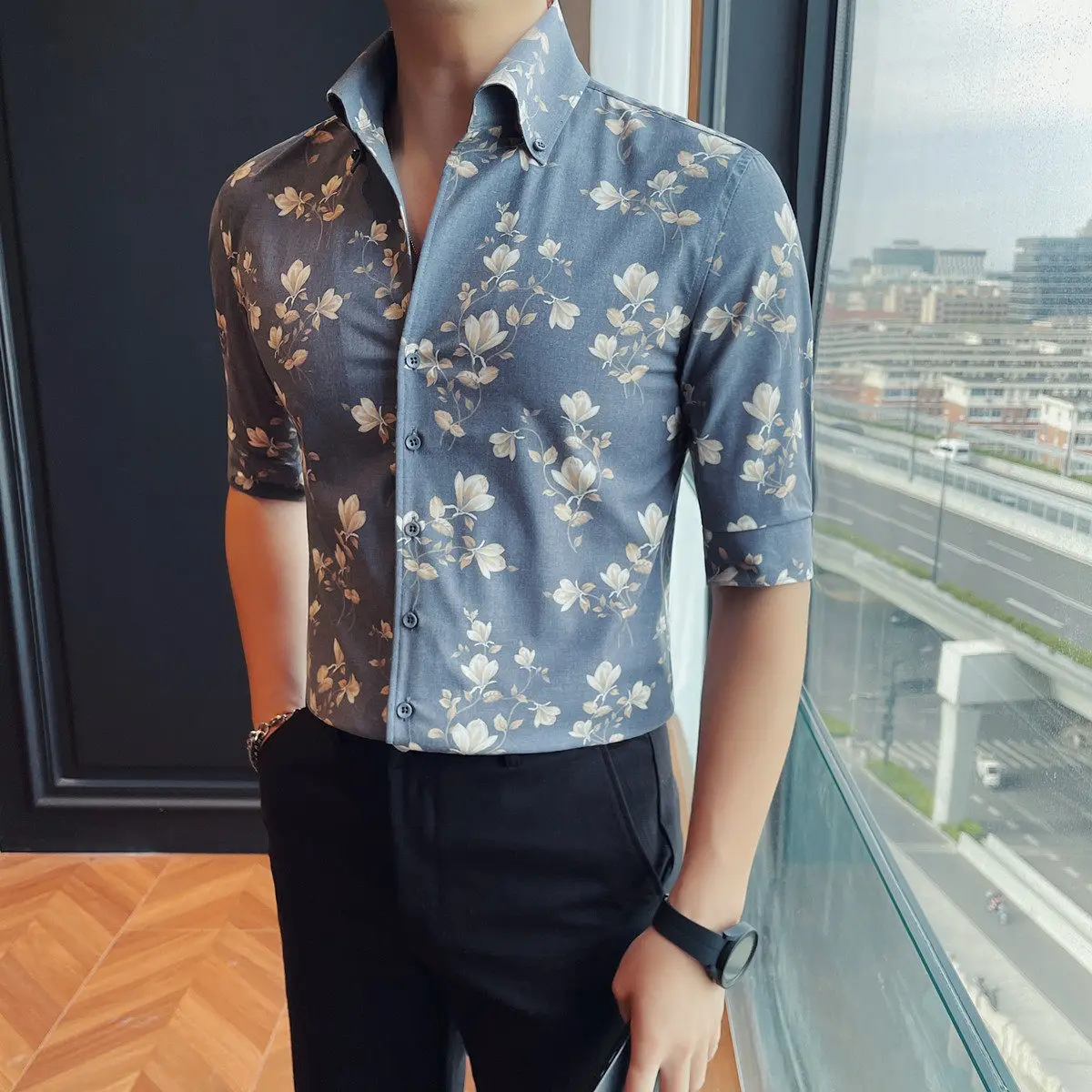 High Quality Summer V-neck Floral Shirt Men Mid Sleeve Slim Fit Casual Sleeve Shirts Business Social Beach Vacation Shirt 2026