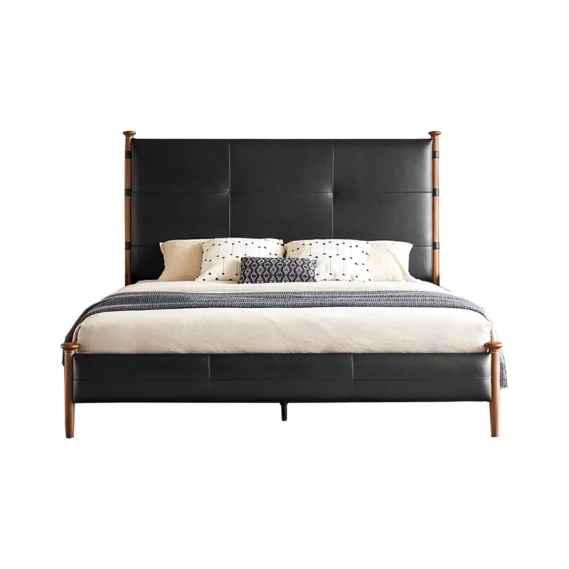 

French retro master bedroom first layer cowhide double bed