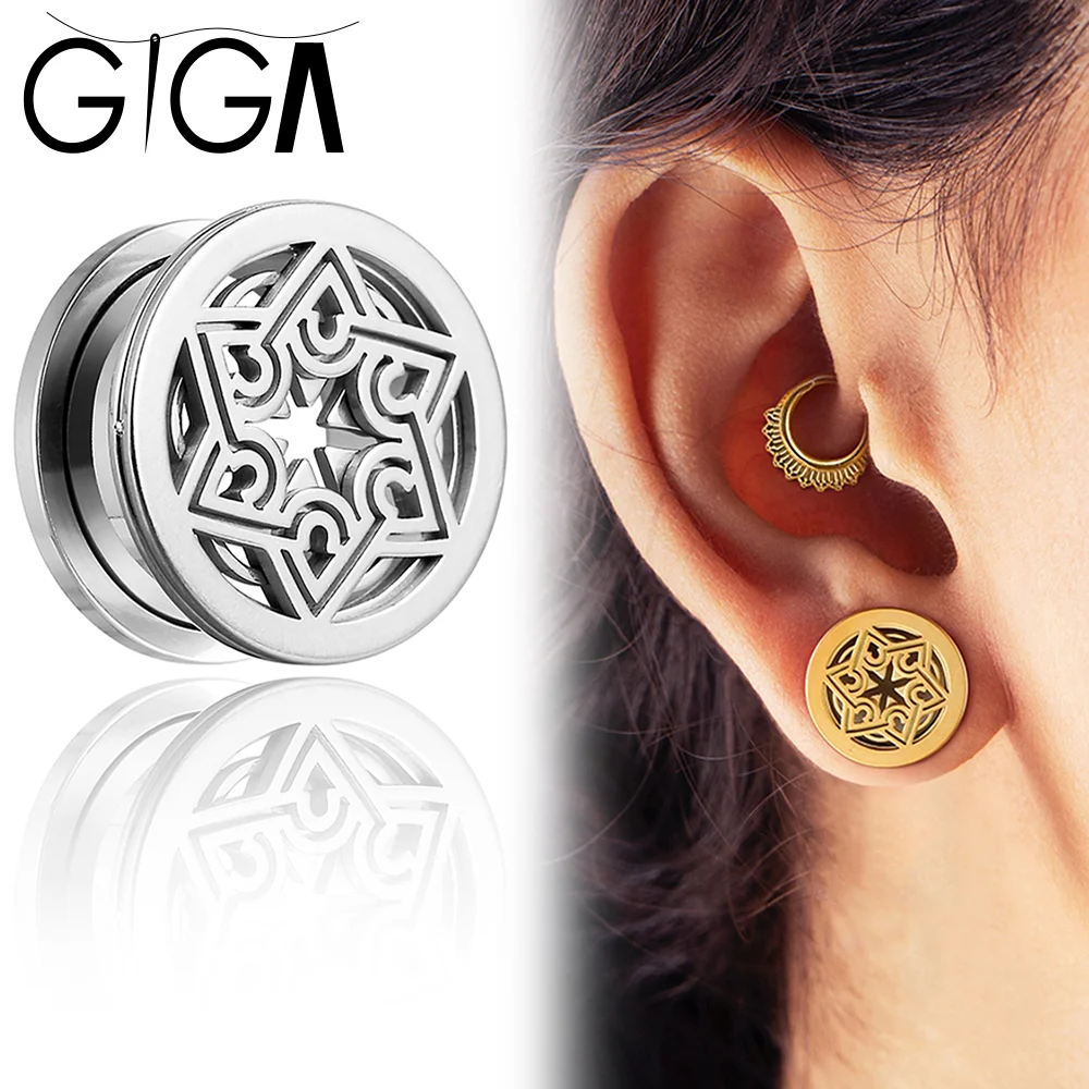 Giga 2 Pcs 316L Stainless Steel Hexagonal Design Earplugs for Ear Stretching Hypoallergenic Fashion Piercing Jewelry