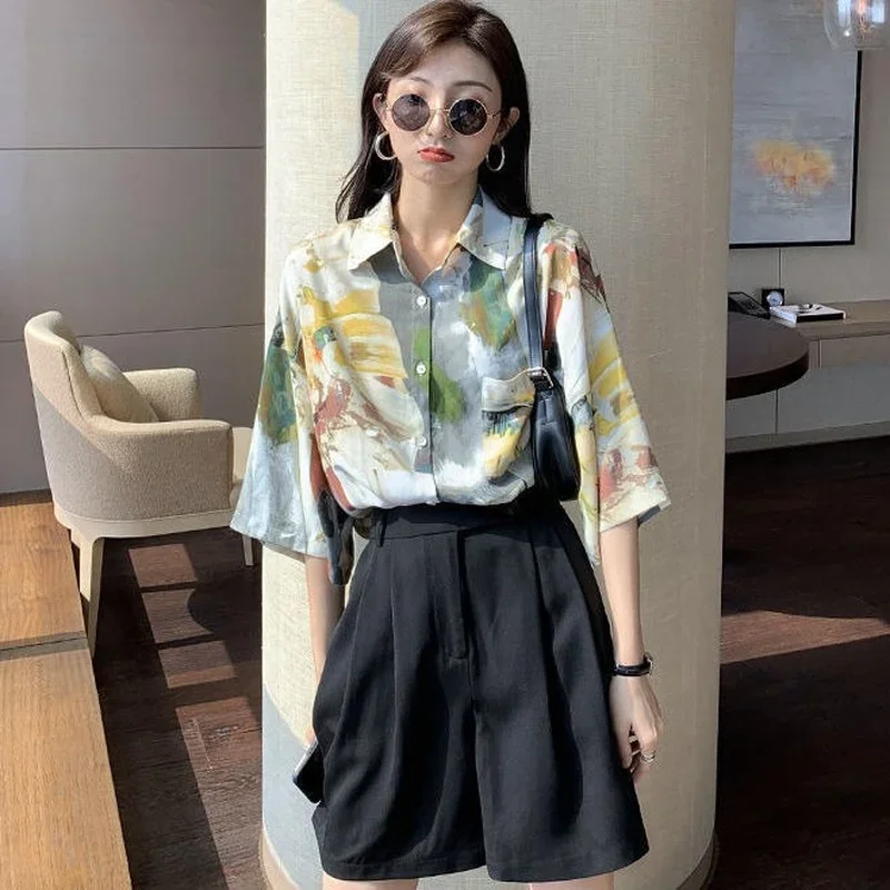 

Женские рубашки с коротким рукавом с принтом, винтажные модные свободные повседневные подростковые шикарные уличные блузки в японском стиле Харадзюку, эстетические блузки