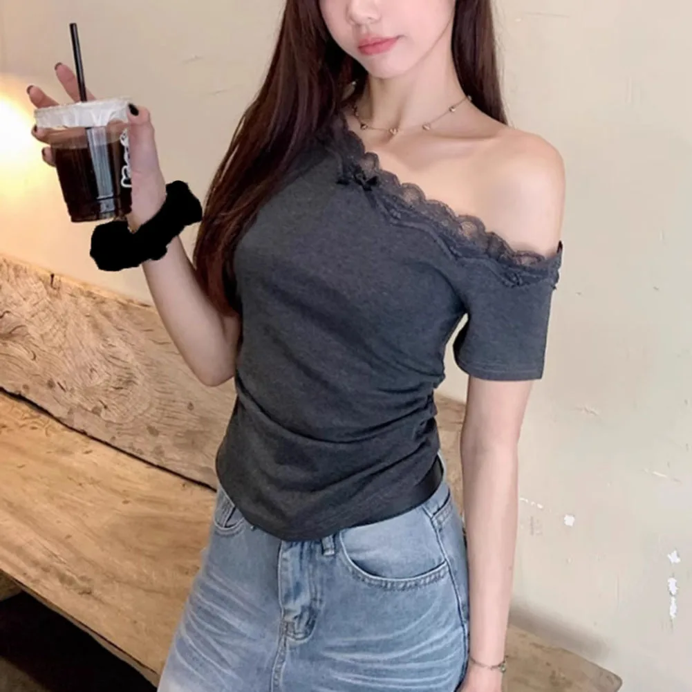 

For Casual Outfits Lace Off Shoulder T Shirt Pure Desire Lace Shirt Comfortable Casual Style Lightweight Polyester Fabric