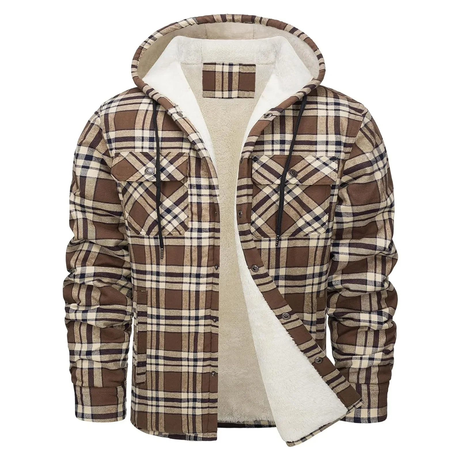 Jaket Berkerudung Flanel Hangat Tebal Mantel Musim Dingin Berlapis Bulu Sherpa Pria Jaket Kemeja Kotak-kotak Kasual Fashion Berkancing dengan Saku