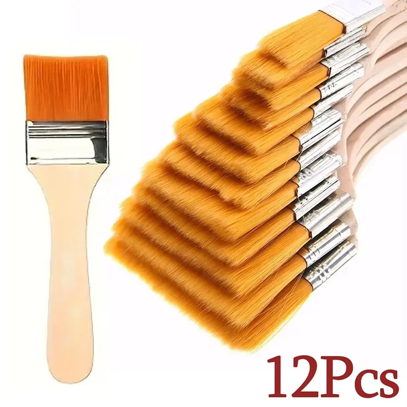 12Pcs/Set Wooden Handle Memory Nylon Bristle Paint Brush For Drawing Watercolor Paint Brushes Oil Painting Tool Set Art Supplies