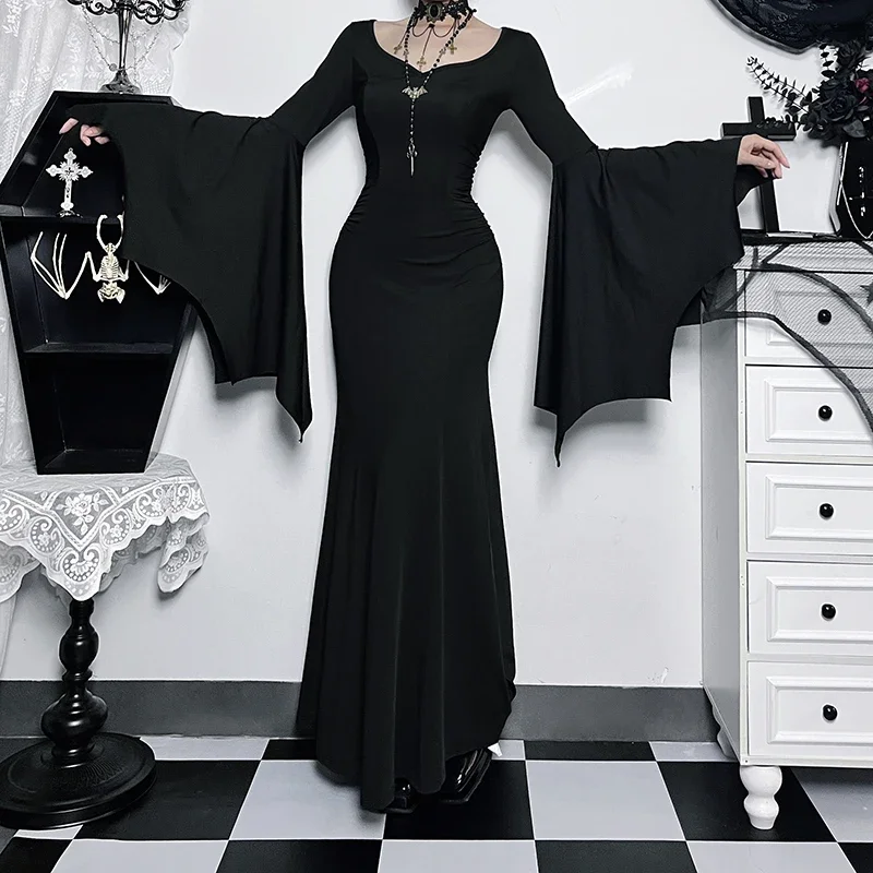 Women's Gothic Addams Family Bat Sleeve Mermaid Dress