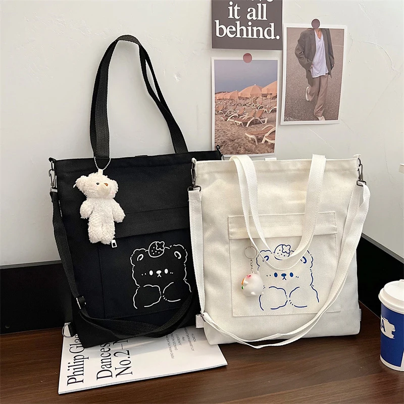 

Bear Print Shoulder Bag Cartoon Cute Canvas Versatile Handbag Hand Backpack Cartoon Student Canvas Bag Simple Large Capacity Bag