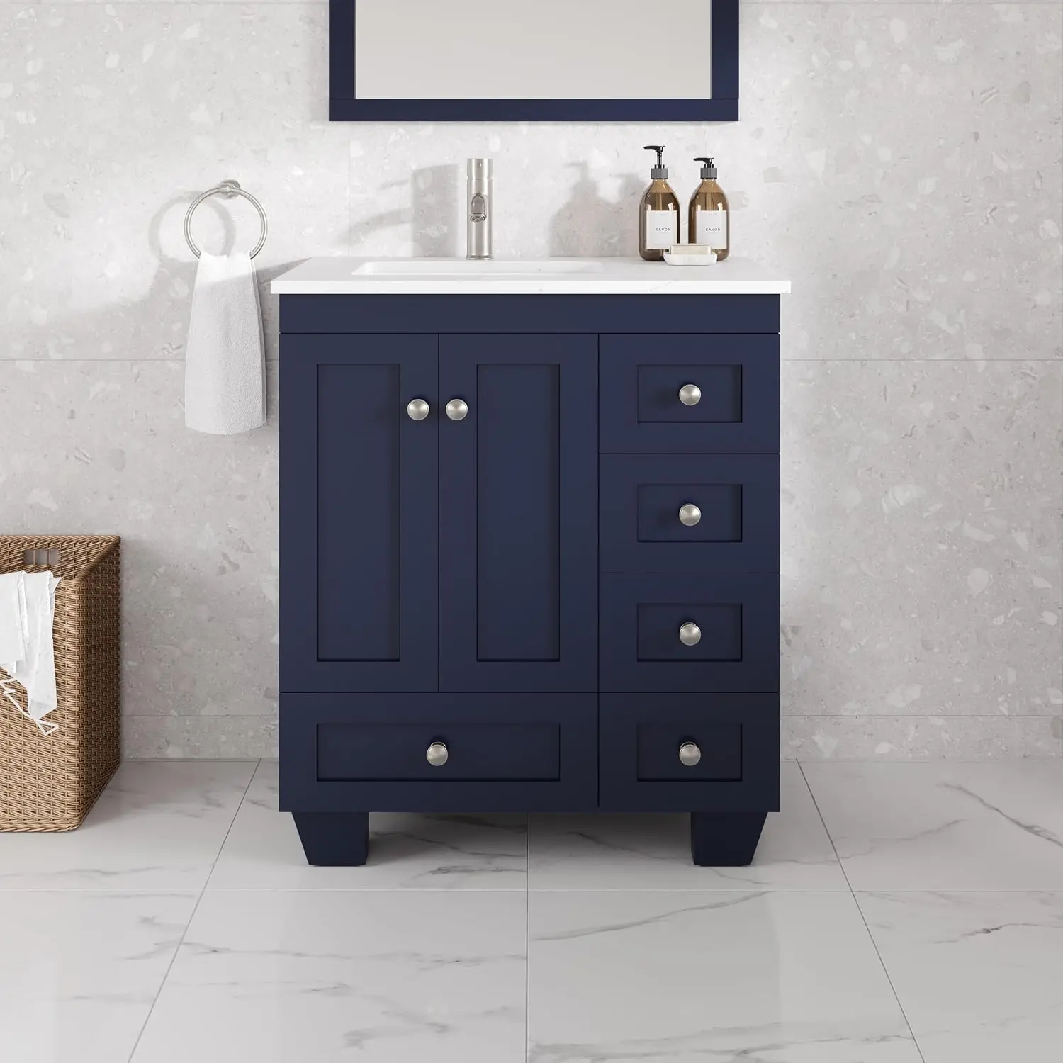 Happy 30 in. Blue Single Sink Bath Vanity with Carrara Quartz Top and Undermount Porcelain Sink, Customized