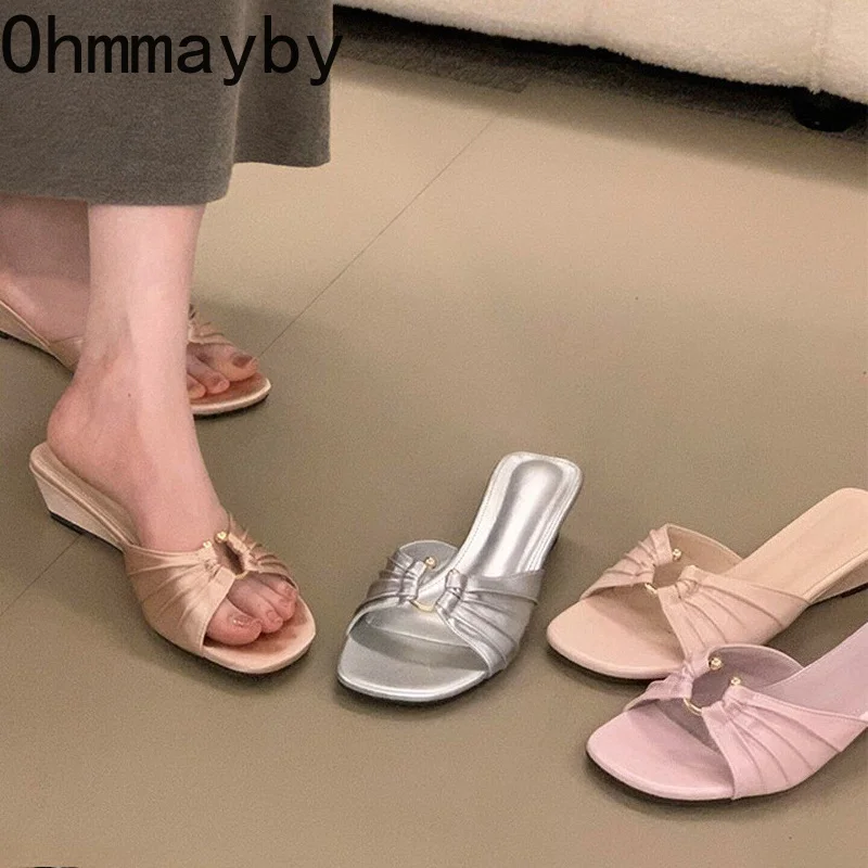 

Summer Designer Satin Wedges Heel Women Slippers Concise Slip On Open Toe Shoes Ladies Outdoor Daily Wear Vacation Dress Slides