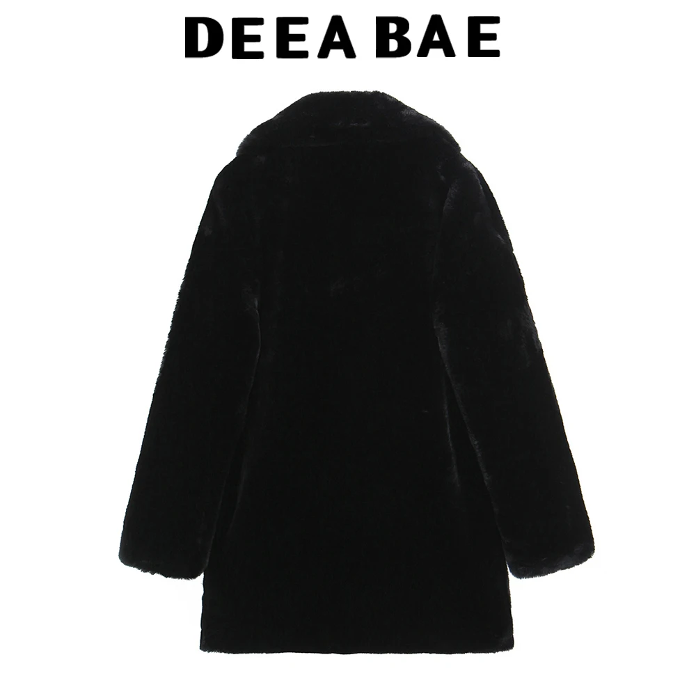 DEEABAE 2025 Winter New Women's Clothing Artificial Fur Effect Flip Collar Long Sleeve Coat Plush Coat