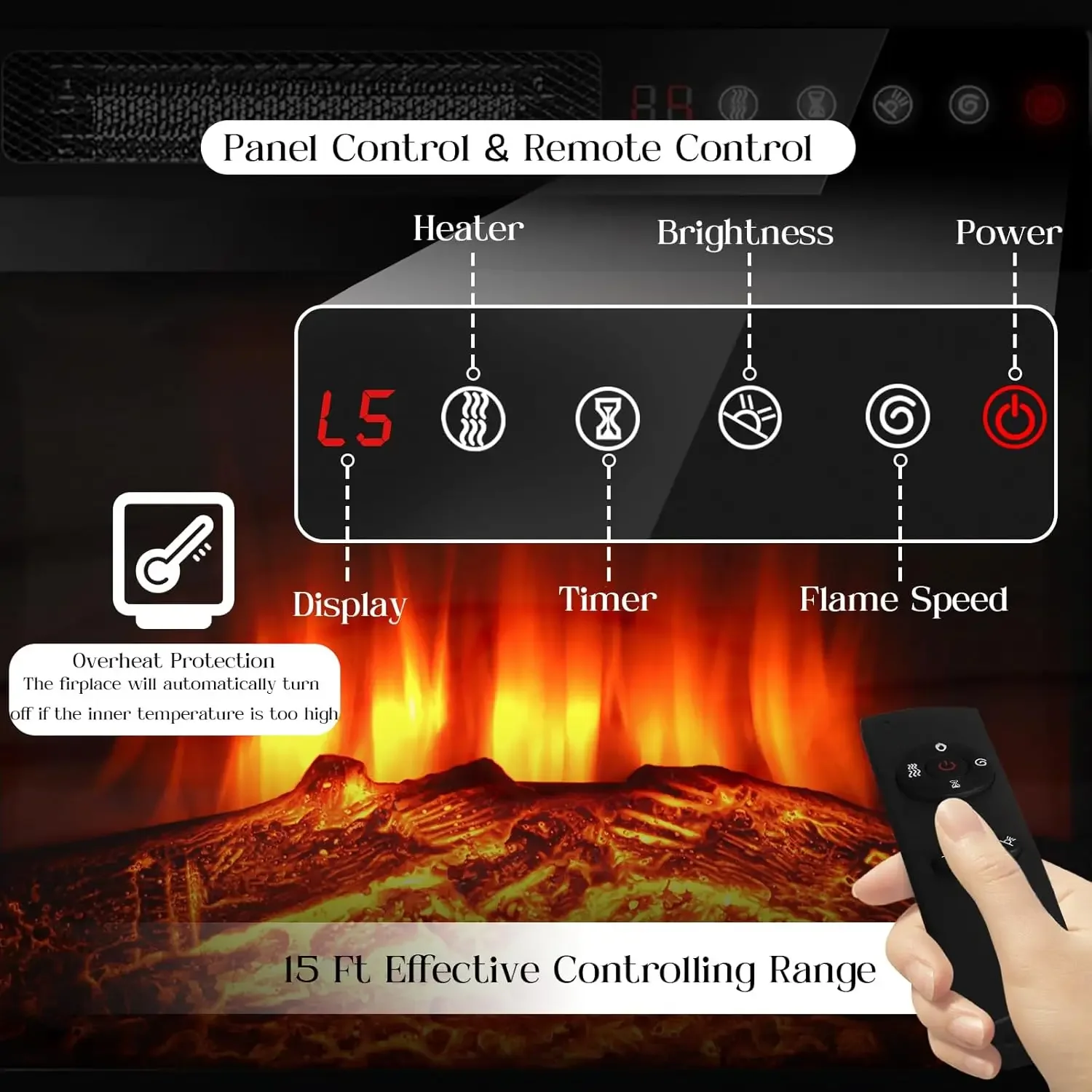 حامل تلفزيون مدفأة مقاس 58 بوصة لأجهزة التلفاز حتى 65 بوصة مع مدفأة كهربائية وجهاز تحكم عن بعد مقاس 18 بوصة، ترفيه خشبي حديث