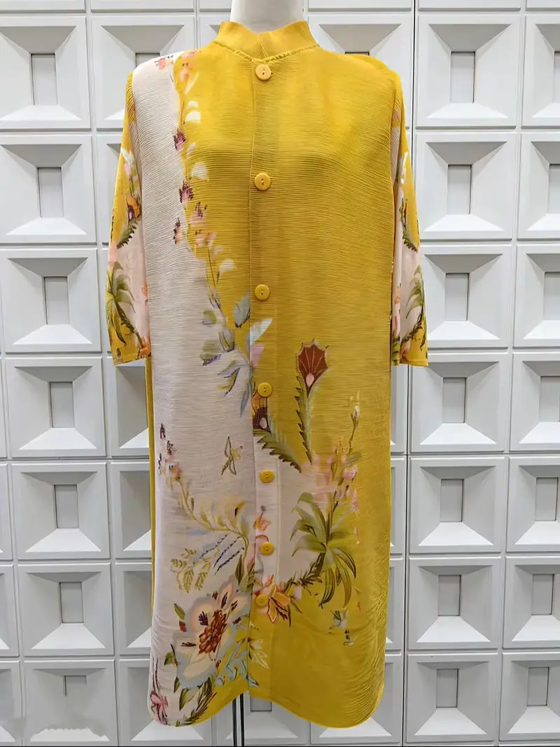 

Miyake Pleated Dress 2026 Summer New Stand Collar 3/4 Sleeved Floral Printed Fashion Evening Dresses Elegant Women's Clothing