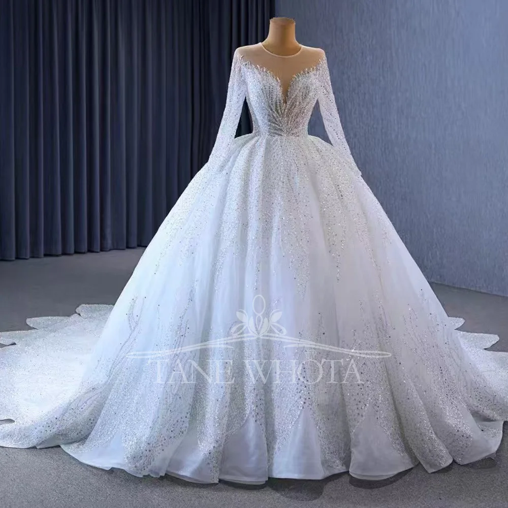 Luxury O-Neck Long Sleeve Wedding Dress Crystal Lace-Up Back Customized Fit 2025 Civil Vestidos De Novias