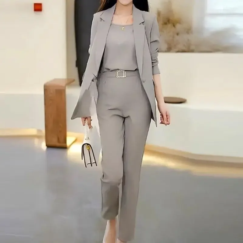 Traje profesional de moda para primavera y otoño 2025, Blazers informales elegantes coreanos, chaqueta + tirantes + Pantalones, trajes de tres piezas