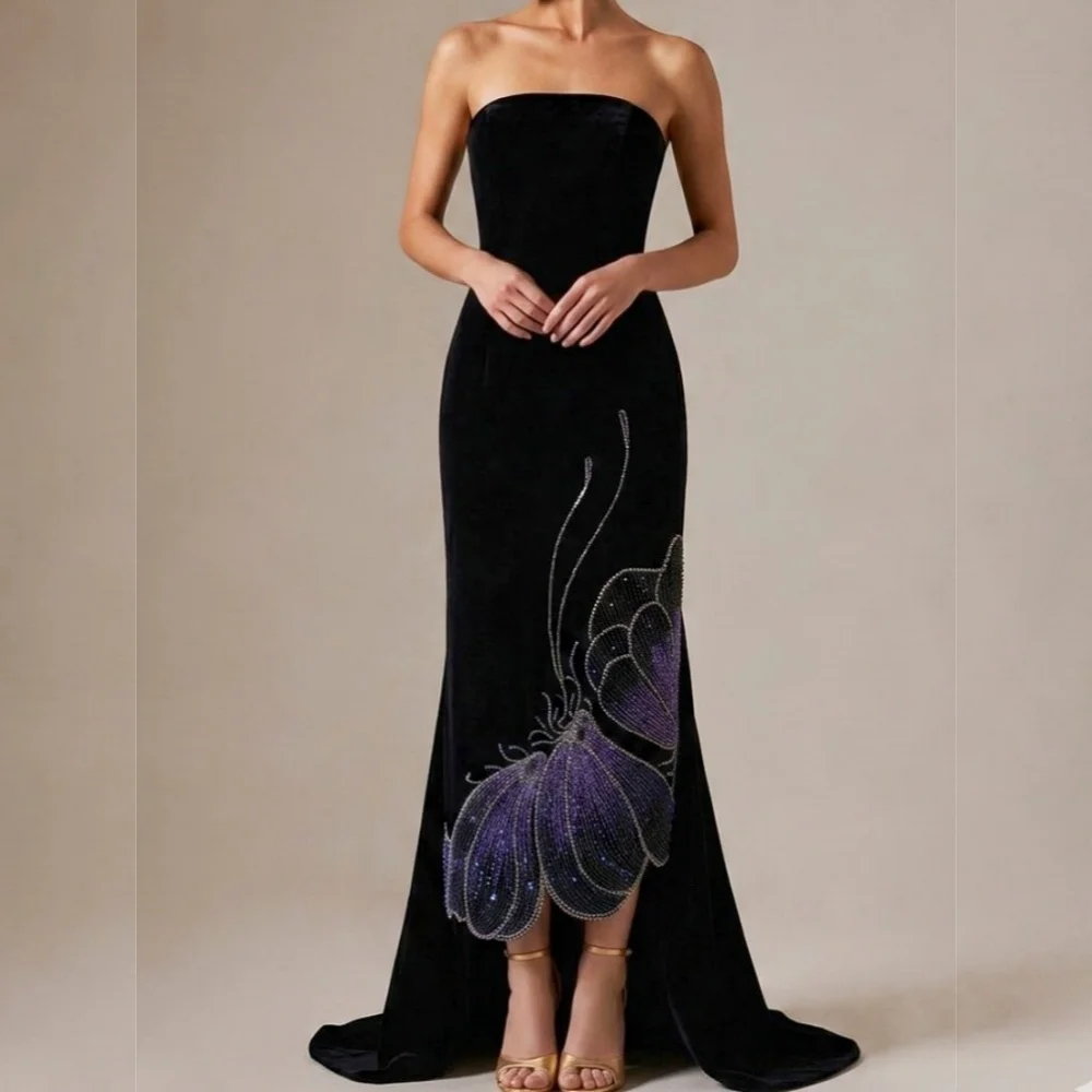 Customized Luxury Glitter Evening Gowns for Banquet High Quality Strapless Straight Midi Dresses Formal  Party Gown Exquisite