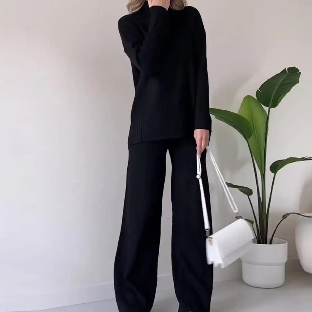 2 Pcs/Set Women Knitted Outfit High Collar Split Hem Top Wide Leg Trousers Thread Clothes Pajamas Set Fall Winter Tracksuit Set