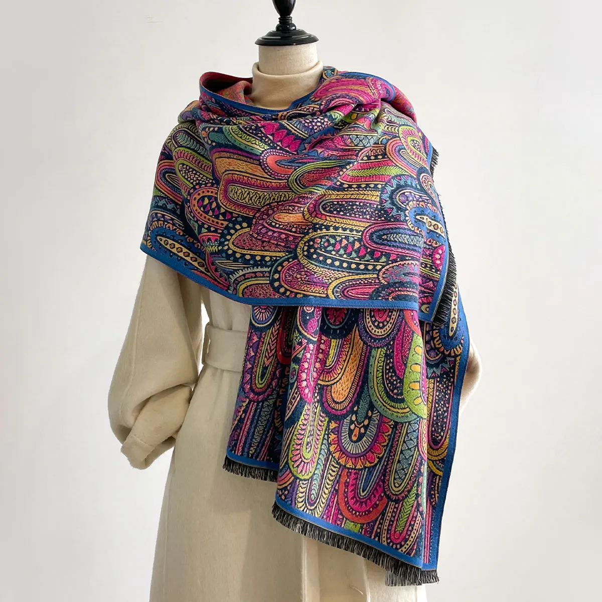Damen High-End-Katzen-Design, Herbst-Winter, doppelseitiger Jacquard, Premium-Schals aus Kaschmirimitat, verdickter großer Schal – Detail 14