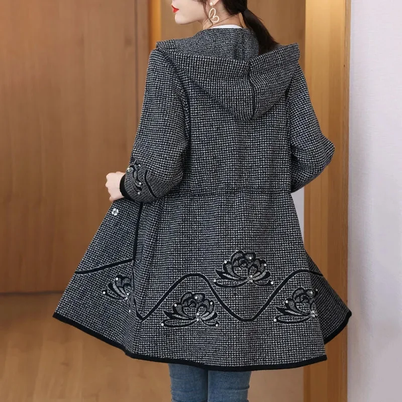 Spring Autumn Long Hooded Jacket Women 2024 New Coat High Quality Casual Outerwear Loose Large Size Knitted Cardigan Ladies Tops