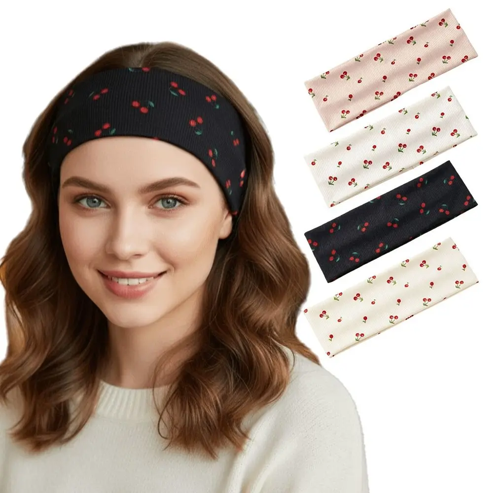 

Durable Cherry Print Yoga Headband Elastic Sweat-absorbent Sport Hairband Breathable Soft Makeup Headband Sports