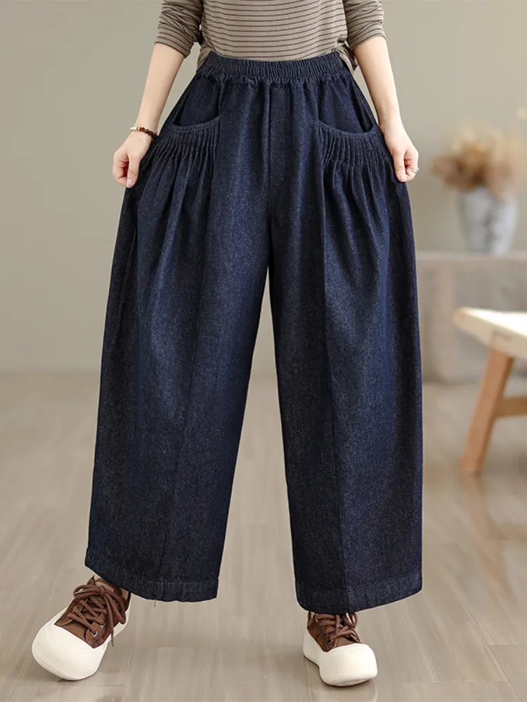 Retro Sle plus Größe Distred Denim Breite Bein Hosen frauen Herbst Elastische Taille Abnehmen Casual Neun Punkt Hosen