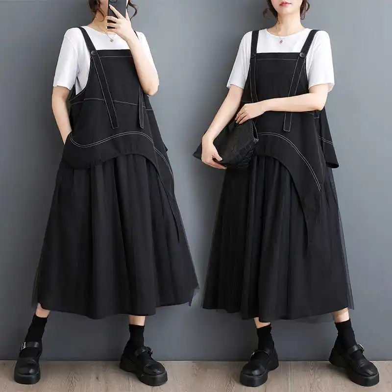 

Dress Women Patchwork Loose Sleeveless Suspender Dresses Casual Elegant Vestidos Mesh Spliced Ladies Party Summer 2025