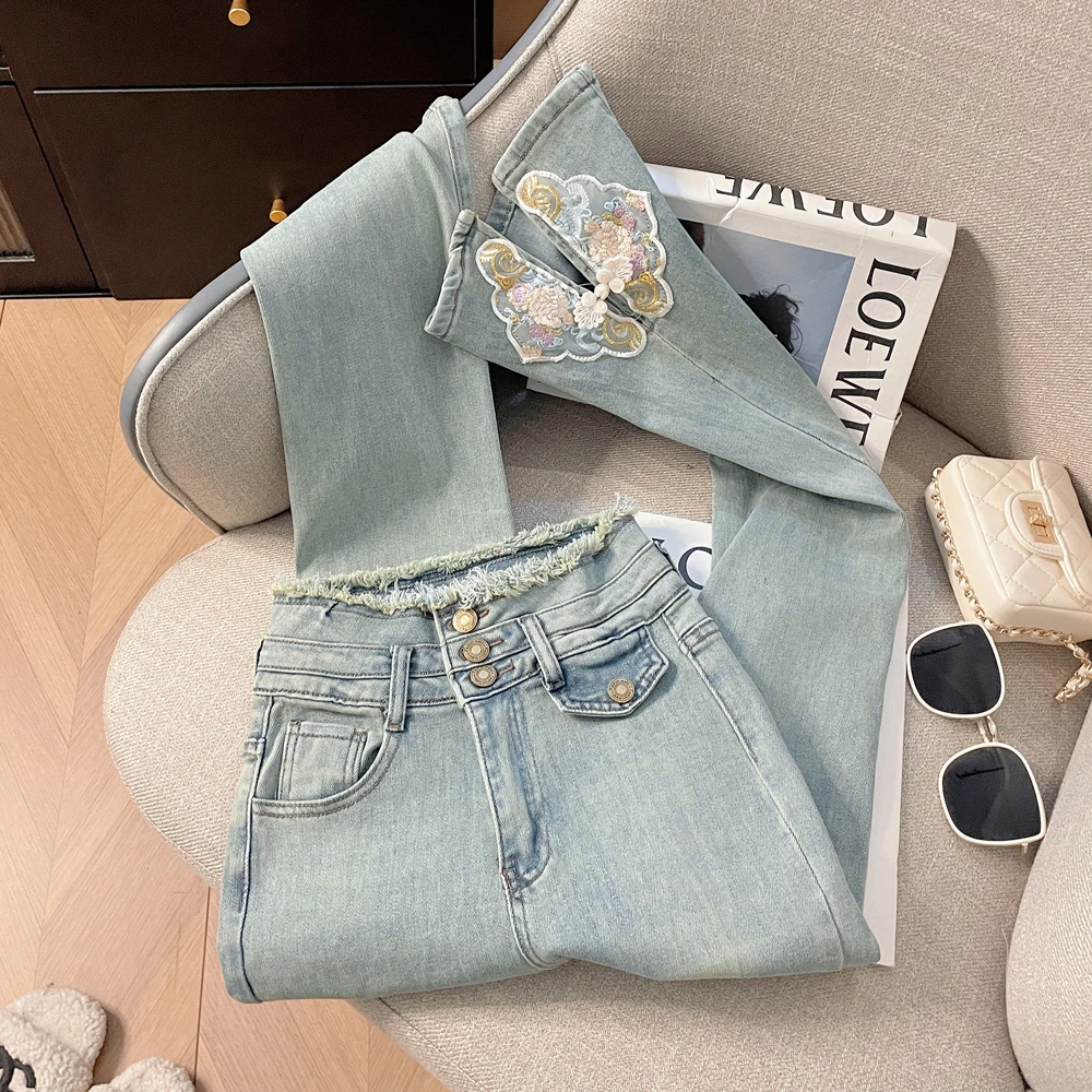 

Элегантные джинсы с вышивкой и бахромой, женские, ранняя весна, американский и корейский стиль, эластичные, облегающие, микро-клеш...