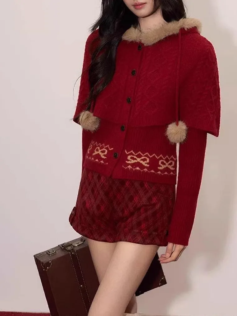 

Cisas New Year Sweet Sle Knitted Sweater with Hat Umoumo Truffle Floral Embroidery Fluffy Long Sve Women's Coat