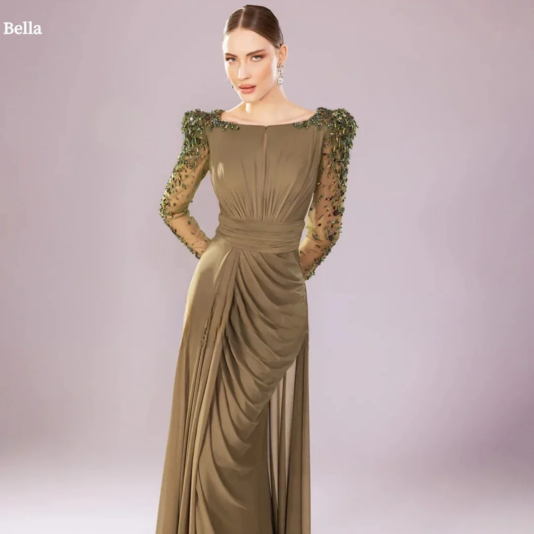

Bella Индивидуальное оливково-зеленое платье для выпускного вечера с вырезом лодочкой, сетчатое платье с длинными рукавами и бисером, вечерние платья с рюшами на талии, драпированные макси