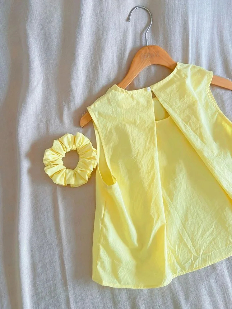 202-neues Sommer-Damen-Set, modisch, stilvoll, ärmellos, gelbes rückenfreies Hemd, hohe Taille, schlankmachender A-Linien-Langrock