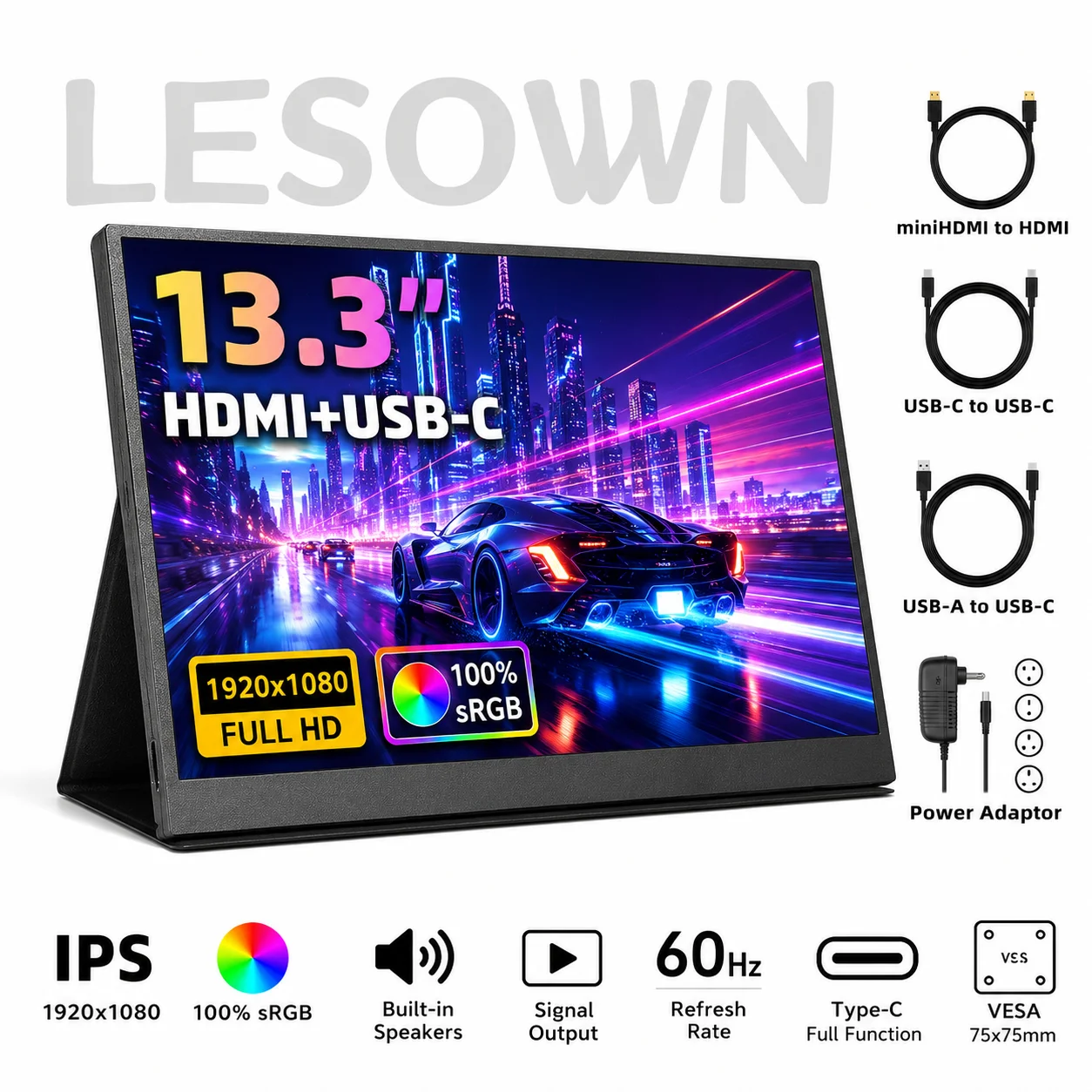 LESOWN 13.3 Inch Travel Screen 1920x1080 Second Monitor VESA Mountable External Display with Speakers for Mini PC