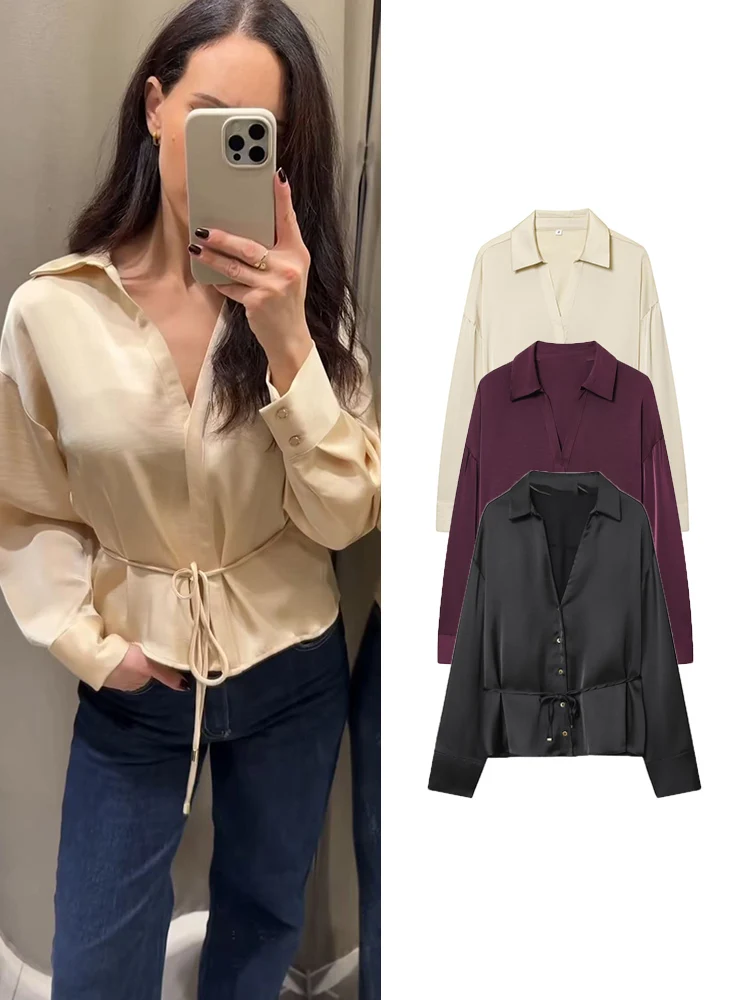 TFMLN – chemisier Chic avec ceinture pour femme, chemises à manches longues et boutons, haut élégant, couleur unie, tenues de transport OL, printemps-automne, 2026