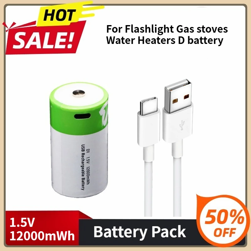 

LR20 D Size Rechargeable Lithium Battery with Type-C Charging Cable for Flashlight Gas Stoves Water Heaters1.5V 12000mWh Battery