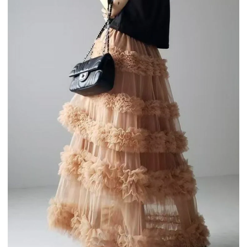 New Heavy Industry Long Skirt Multi-layered Cake Fluffy High Waist Versatile Solid Color A-line Multi-layered Skirts