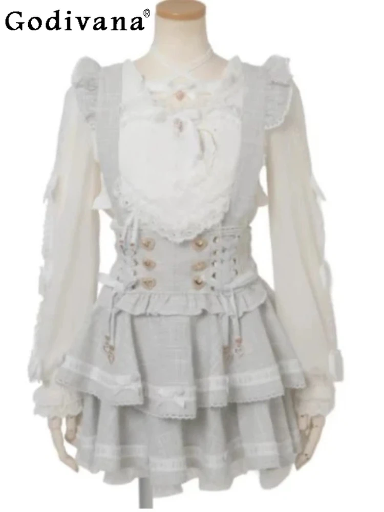 

Large Size Japanese New Sweet Cute Lolita Lace Splicing Strap Skirt Fashion High Waist A-line Age Reduction College Cake Skirts