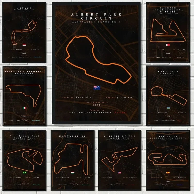 Formula 1 Track Map Posters Monaco Red Bull Ring Yas Marina Baku City Circuit Canvas Painting Posters and Prints Room Home Decor