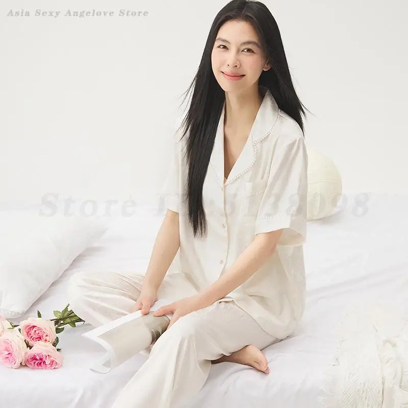 2026 New Summer Pajamas Set Short Sleeve Top&pants 2Pcs Ice Silk Loungewear Women Printed Sleepwear Loose Home Clothes Nightwear 3