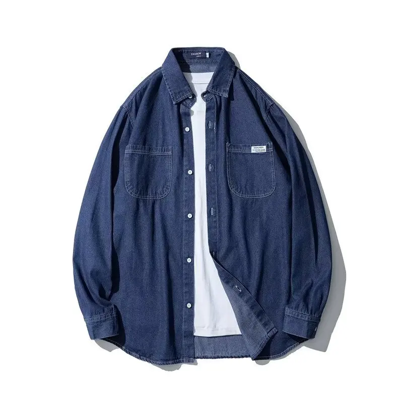 

Blue Denim Long Sleeve Men's Casual Shirt American Retro Loose Trendy Pure Color Leisure Workwear Shirt Youth Fashion Autumn