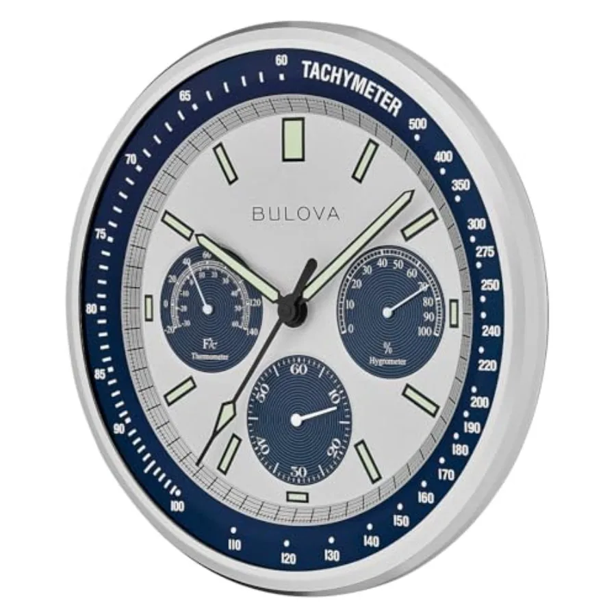 Wall Clock C1971 For Living Room Matte Silver Metal Silver Silent Sweep Quartz Movement, Temperature Hygrometer Dis