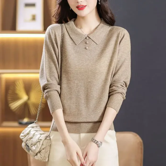 

New Korean Simple Temperament Commuter Solid Doll Neck Sweater Women's Autumn Winter Button Loose Casual Long Sleeved Knit Top